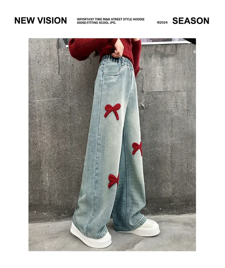 الفتيات فضفاضة واسعة الساق الجينز السراويل الناعمة الأطفال Bowknot التطريز مستقيم الدنيم السراويل ربيع الخريف الملابس 5-12 سنة