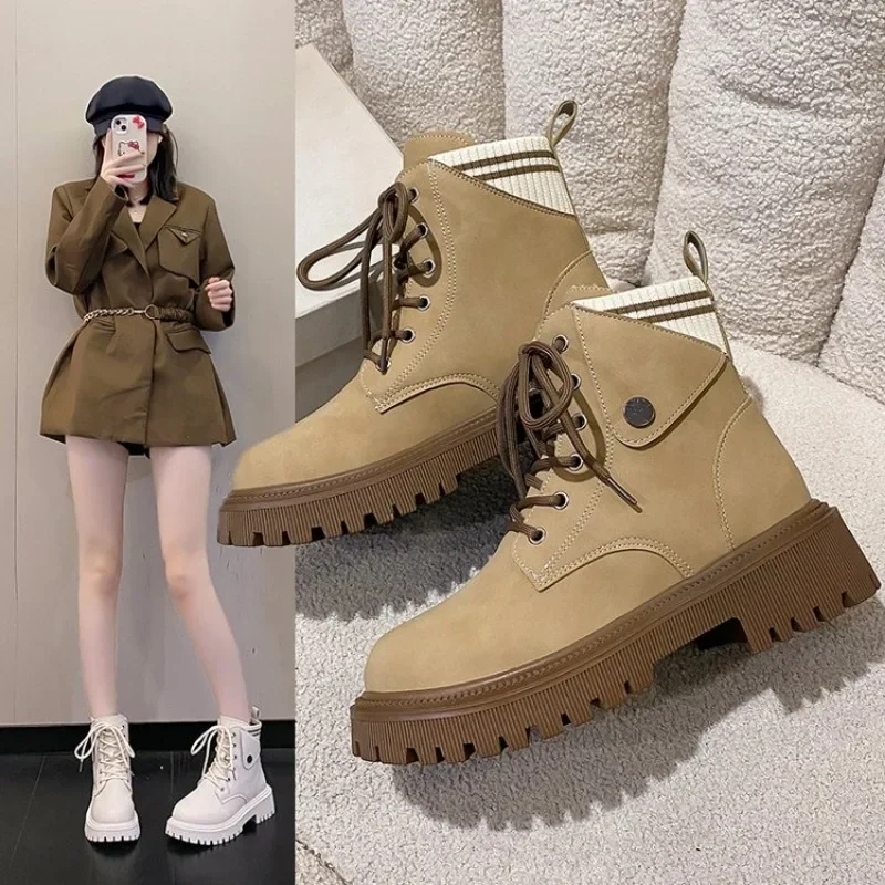 

Женские кожаные ботинки на платформе, спортивные однотонные ботильоны на резиновой подошве, 2023