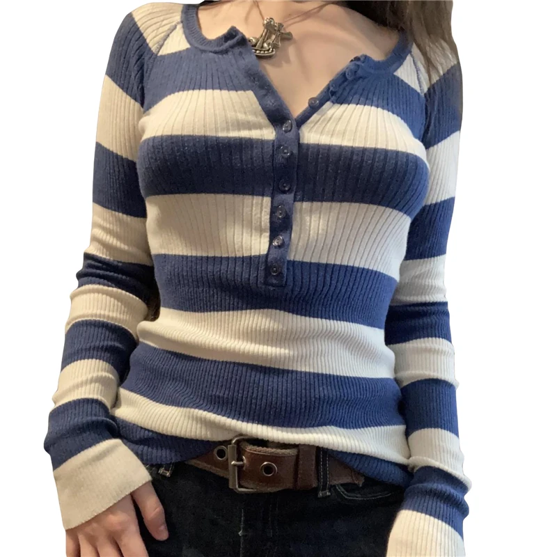 y2k Fairycore Top Vintage Aesthetic Women Striped Button Round Neck Long Sleeve Knitted Tshirt 2000s Clothes Streetwear