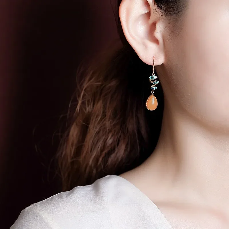 Chinoiserie Style Vintage 925 Sterling Silver Amber Propitious Cloud Water Drop Earring for Women Hanfu Cheongsam Birthday Gift