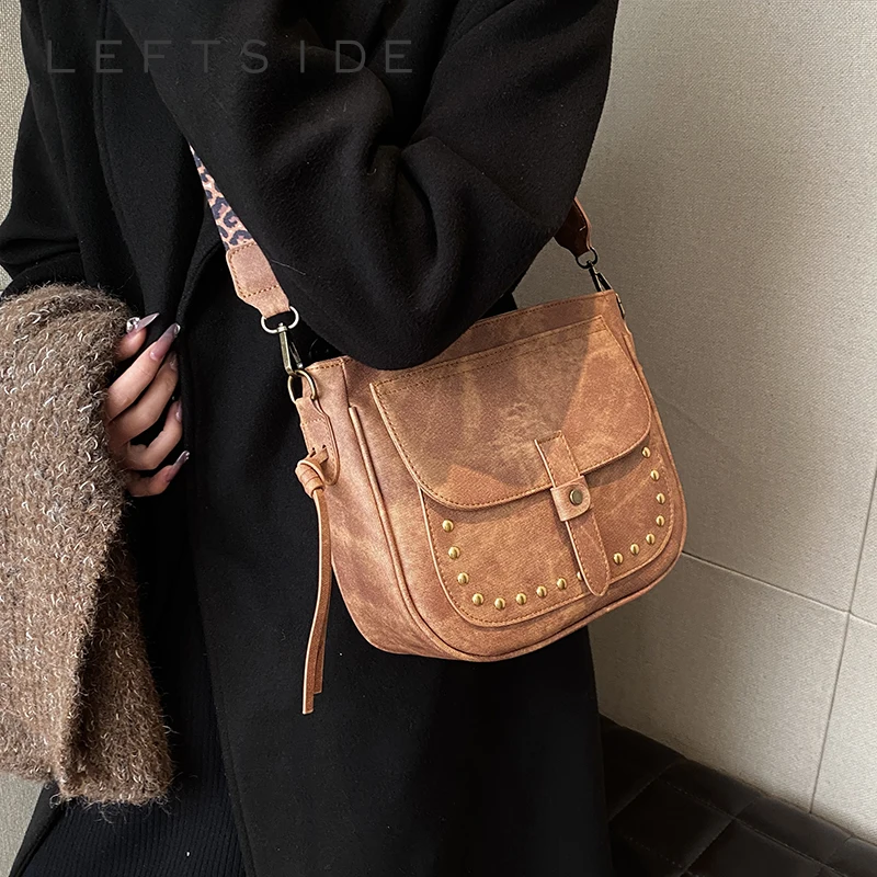 

LEFTSIDE маленькие сумки через плечо из искусственной кожи для женщин 2023 корейская мода ретро сумка на плечо с широким ремнем сумки на плечо