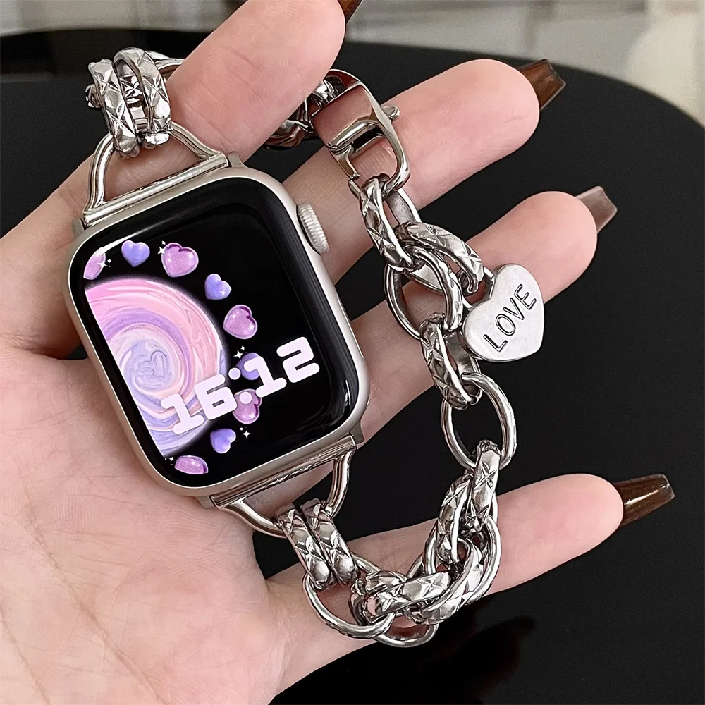 

Металлический ремешок для Apple Watch 8 Ultra 7 6 5 SE, браслет с кулоном в виде сердца для iWatch 9 41 мм 45 мм 49 мм 40 мм 38 мм 44 мм