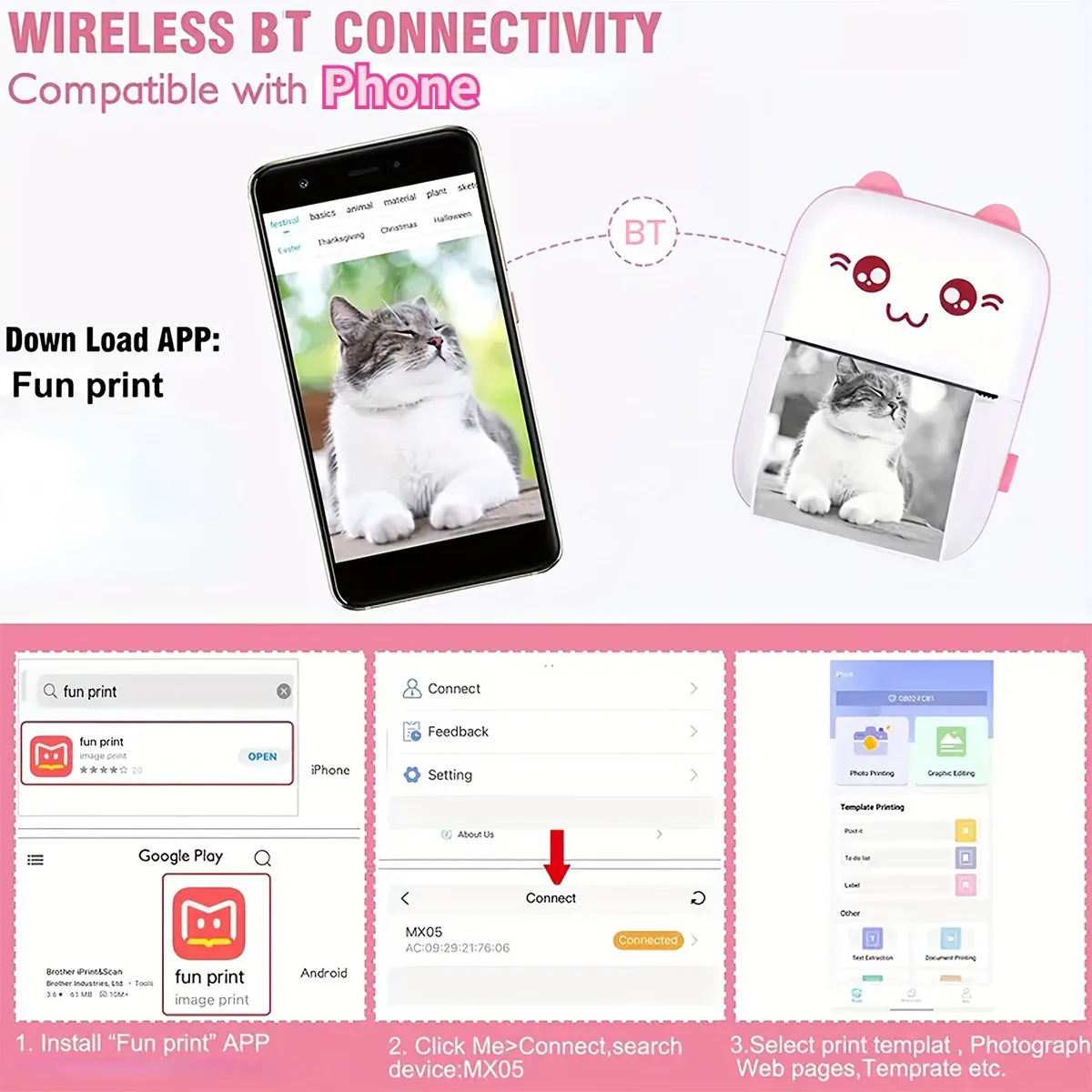 [Portable Thermal Printer] Portable Wireless Mini Thermal Printer with 3Rolls Paper Kit USB Rechargeable,  Ideal for Travel