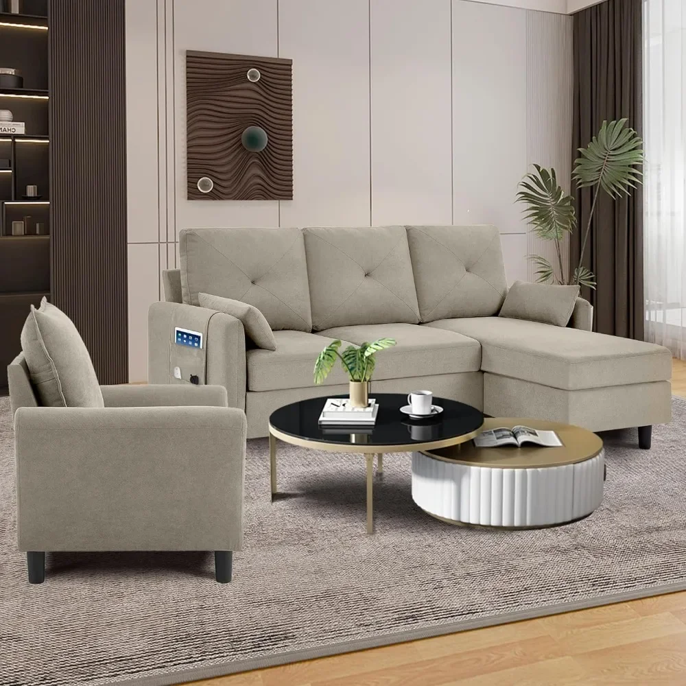 2 Piece Convertible Sectional Sofa Set for Living Room, 3-Seat L Shaped Couch with Ottoman Side Pocket Single Seat Accent Chair