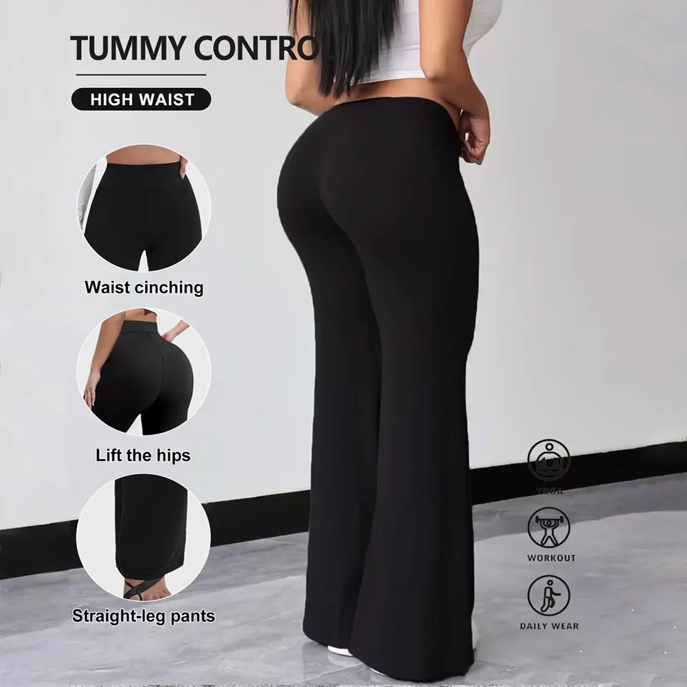 Womens Summer Casual Straight Leg Sports Pants High Waist Stretch Wide Leg Pants Tummy Control Workout Yoga Pants Outdoor Fitnes 1