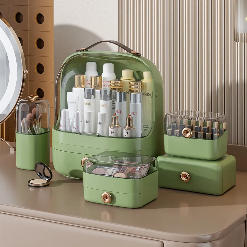Fashion Green Luxury Makeup Organizer Box Dressing Table Dustproof Cosmetics Storage Case Desktop  Makeup Storage Holder Rack 4