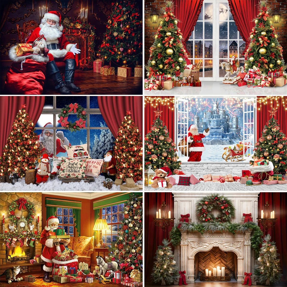 Christmas Photography Background Window Curtain Fireplace Winter Snow Night Xmas Tree Kids Family Portrait Decor Photo Backdrop photo backdrop