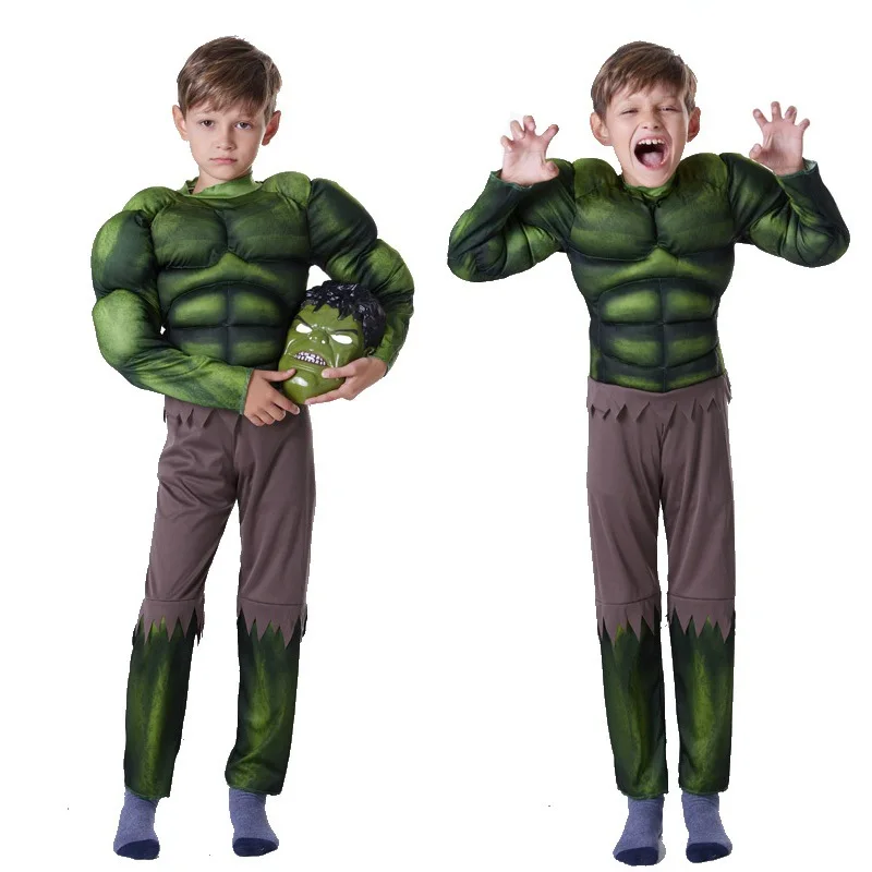 Halloween Party Costumes Kid's Green Giant Muscle Model Clothing,CosplayJumpsuits And Hulk Masks, Children Adult Cosplay Clothes