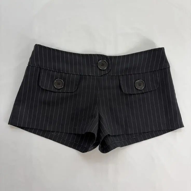 Y2K Coquette Low Waist Mini Shorts Cuffed Hem Striped Solid Black Twill Button Pocket Vintage Street Daily Hot Pants