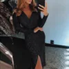 Sexy Deep V Neck Sequins Dress Women Hip Wrap Ruched Long Sleeve Formal Dresses Nightclub Sexy Elegant Wedding Evening Gowns 3