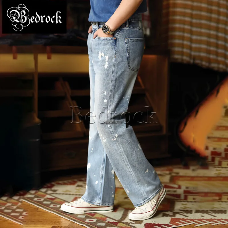 MBBCAR 11oz Summer Jeans Men Boot Cut Vintage Spicy Ink Print Flare Trousers Light Blue Selvedge Denim Bell-bottoms Jeans 7497