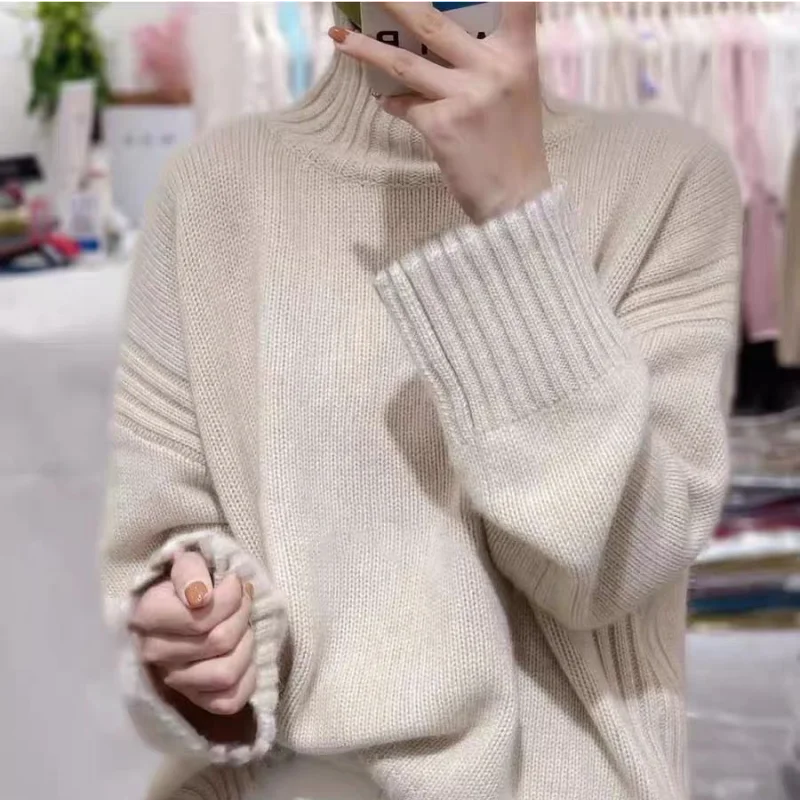 

2023 Autumn Winter New Fashion Loose Wool Sweater Women High Neck Pullover Warm Simple Knitted Base Undershirt Jacket Tops