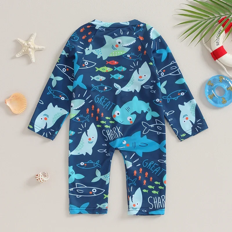 Baby Boy Shark/Spider Print Swimsuit Infant Toddler Boys Swimwear Rash Guard Zipper 1 Piece Long Sleeve Beach Bathing Suits