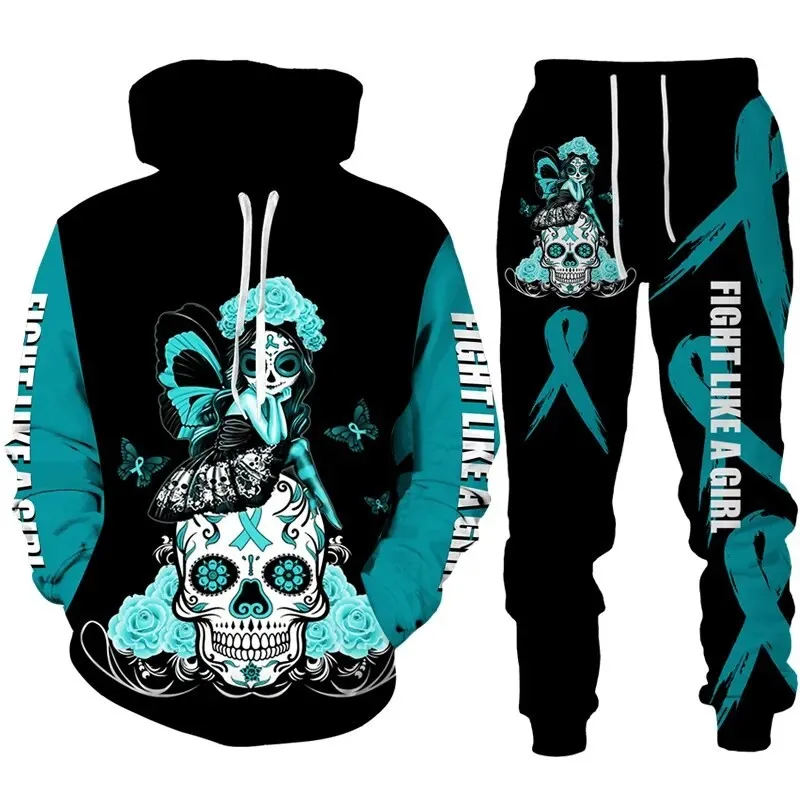 New Men's Hoodies Sets Skull Rose Sweatshirt 3D Print Hoodie Pants Cool Style Tracksuit Sportswear Fashion Men's clothing Suit
