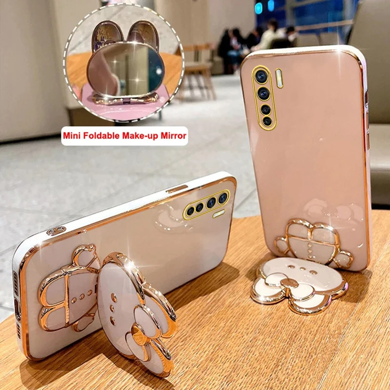 Luxury Cute Rabbit Makeup Mirror Phone Holder Case for Girls & Women - Stand Cover