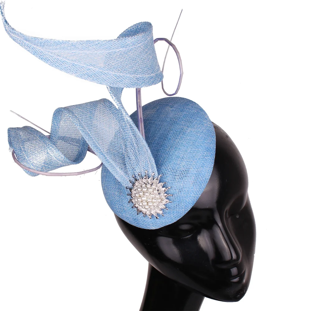 Frauen Frühling Licht Blau Fascinator Cocktail Hut Haarbänder Mesh Kopfstück Nachahmung Sinamay Mode Damen Elegante Zubehör