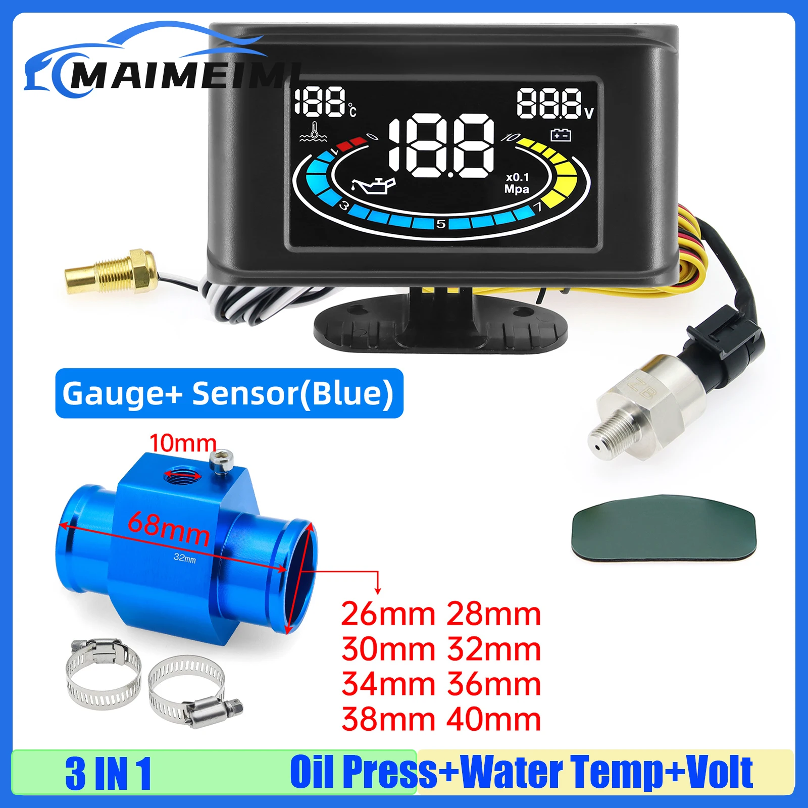 

3 IN 1 LCD Meter Oil Pressure+Water Temp Gauge+Voltmeter for Temperature Joint Pipe Sensor Gauge Radiator Hose Adapter 9-36V