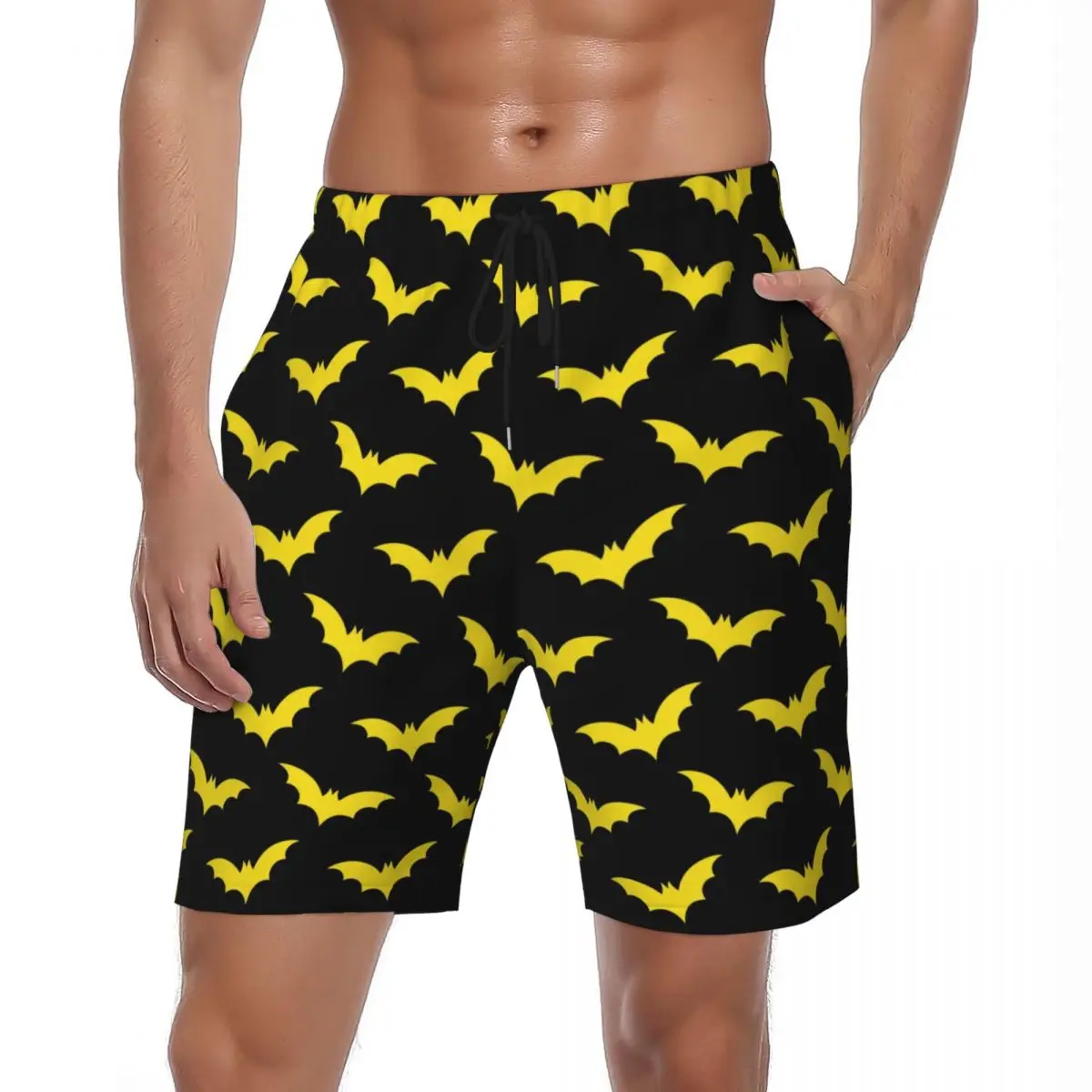 

Males Gym Shorts Gothic Art Print Classic Swimming Trunks Halloween Yellow Bats Comfortable Sports Fitness Trendy Beach Shorts