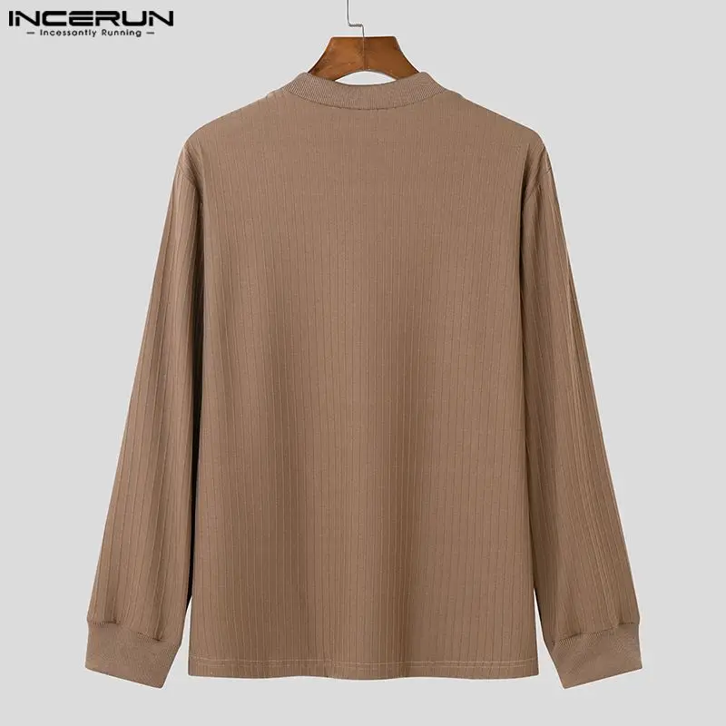 INCERUN Tops 2023 Korean Style Men's Autumn Winter Hot Sale Solid Pullover Leisure Door Barrel Stripe Long Sleeve Sweater S-5XL