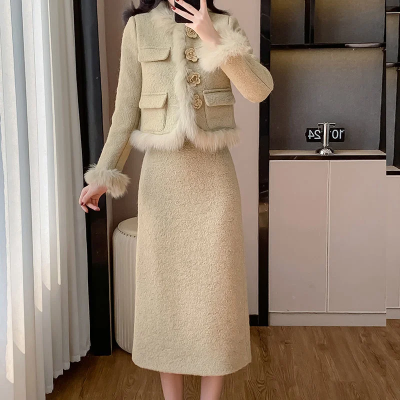 Winter Light Luxury Temperament Thickened Jacket Woolen Skirt High-End Long Skirt Set Mujer Three-Dimensional Decorate Coat Pink