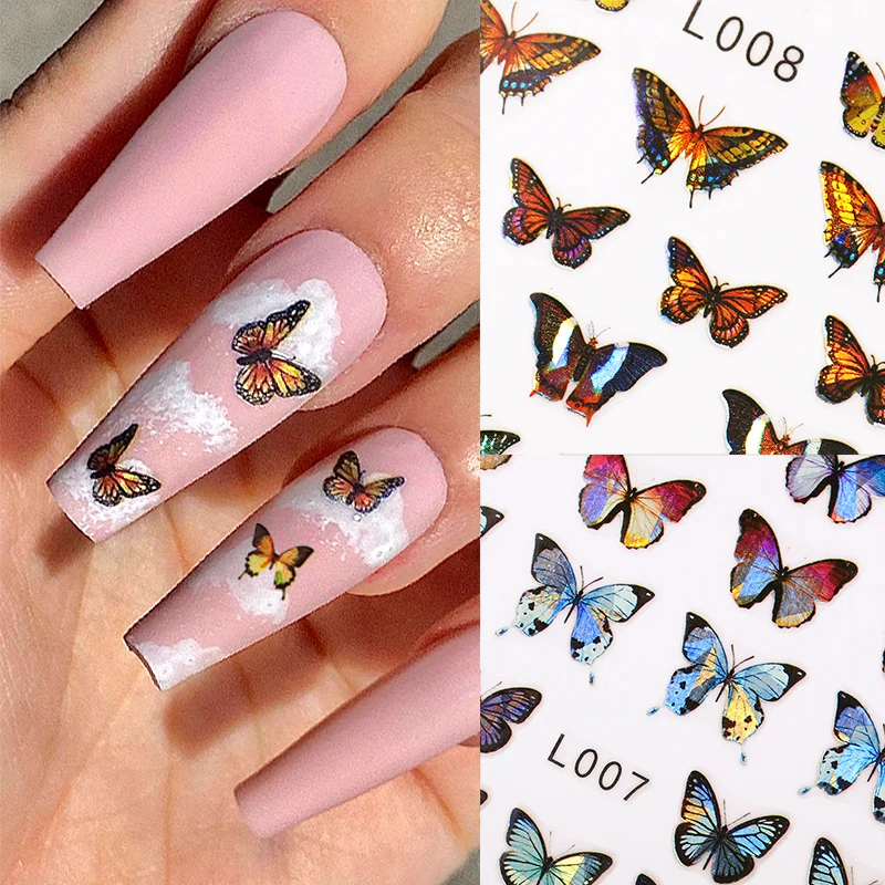3D Nail Stickers Colorful Blue Butterfly Self-Adhesive Slider Spring Wraps Nail Art Decorations Decals Manicure Accessories 1PC nail stickers nail art decoration nail decals