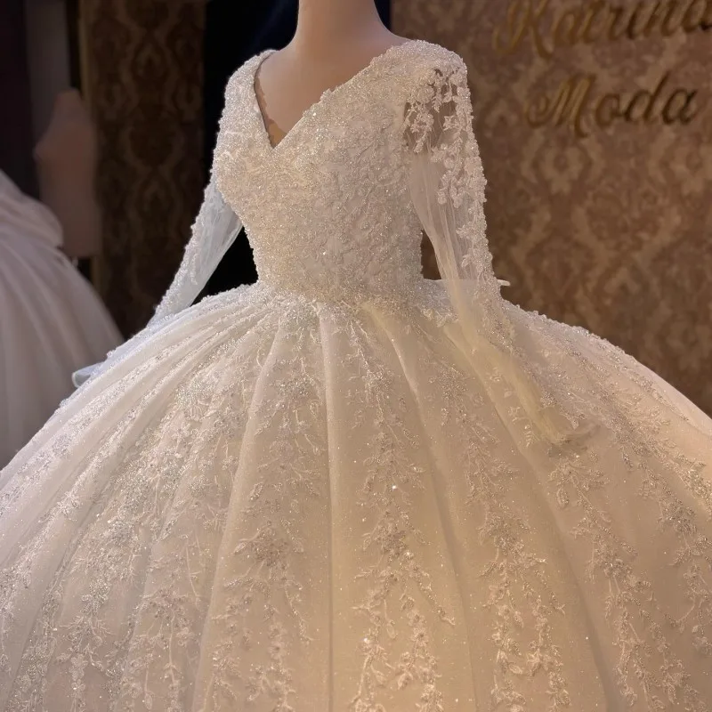 

Sexy Shiny V-Neck Lace Up Ball Gown Wedding Dresses 2024 Custom Chic Applique Lace Court Train Princess Bridal Gown