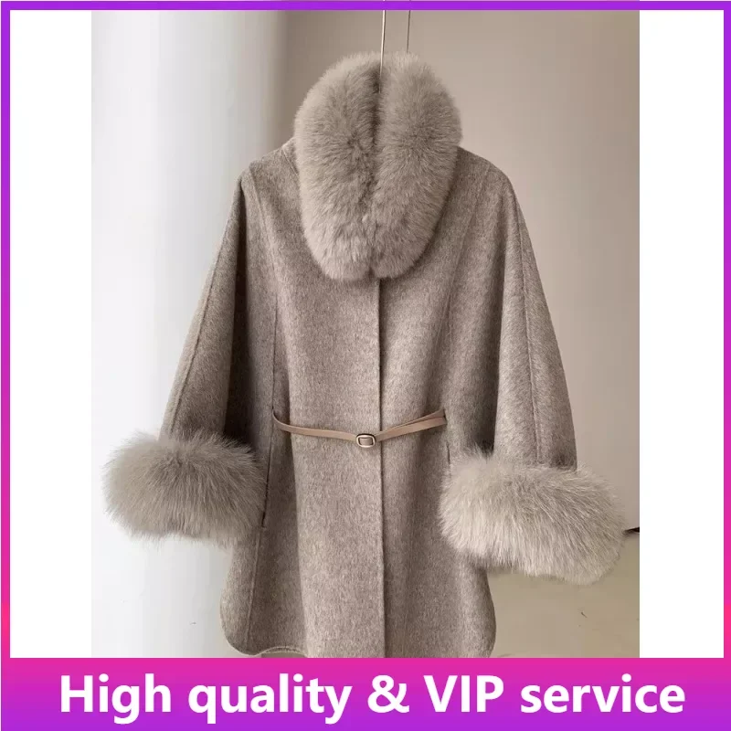 

Top Quality Double-sided Cashmere Coat for Women, New Winter Long Poncho Fox Fur Collar Woolen Coat for Women，Wool Coat Women