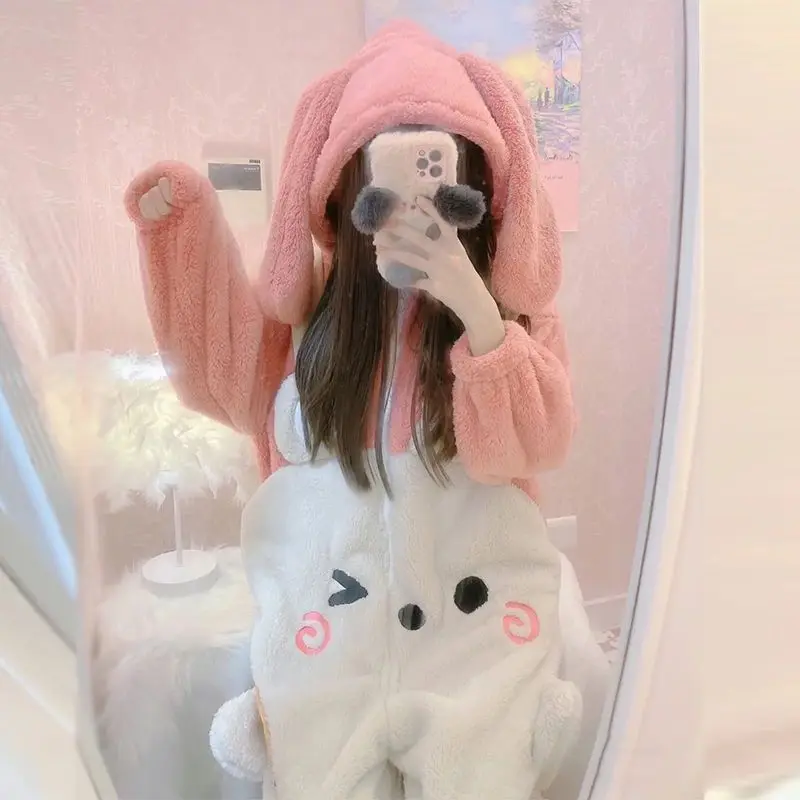 Winter Adult Rabbit Pajamas Onesie One Piece Cosplay Animal Homewear Sleepwear Jumpsuit Costume For Women Thick