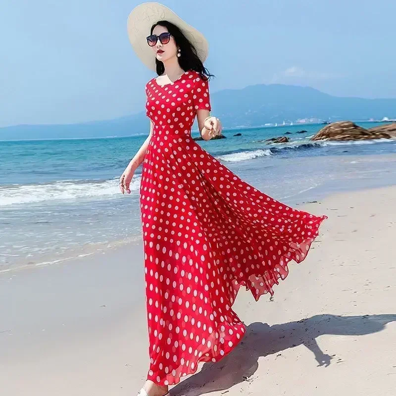 

2022 New Women's Summer Fashion Chiffon Skirt Red Wave Dot Dress Women's Long Retro Hepburn Beach Dress Trend