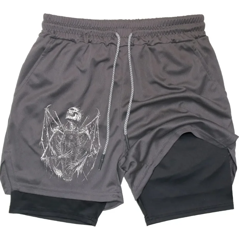 Y2K Performance Men Quick-drying Fitness Skull Print Double Layer Shorts Workout Training Running Bodybuilding work short pants 4