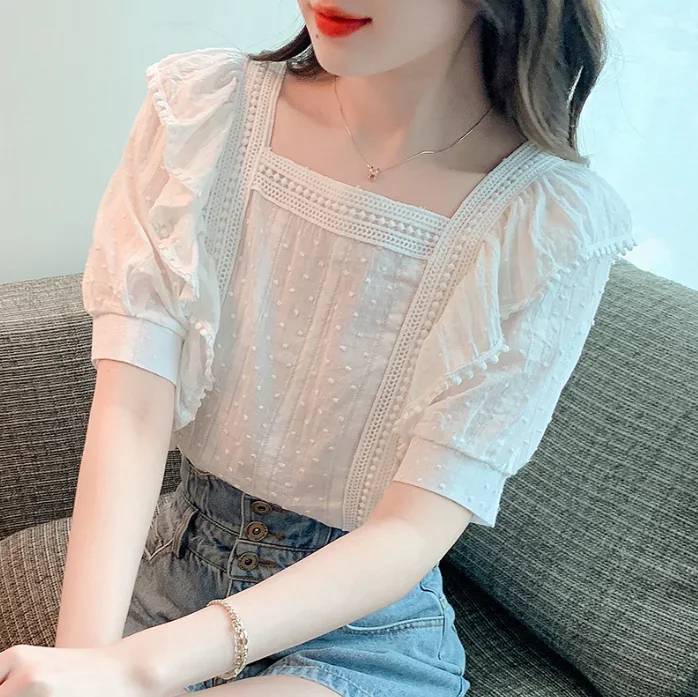 

Sweet Square Neck Short Sleeve Top Fashion Shirt for Women