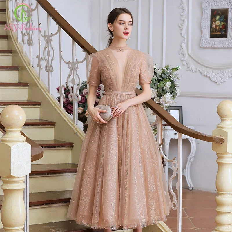 

Clearance Sale Evening Dress for Women Banquet Elegant Lace Beading Puff Sleeve Tea-length Party Formal Gowns Vestidos De Noche