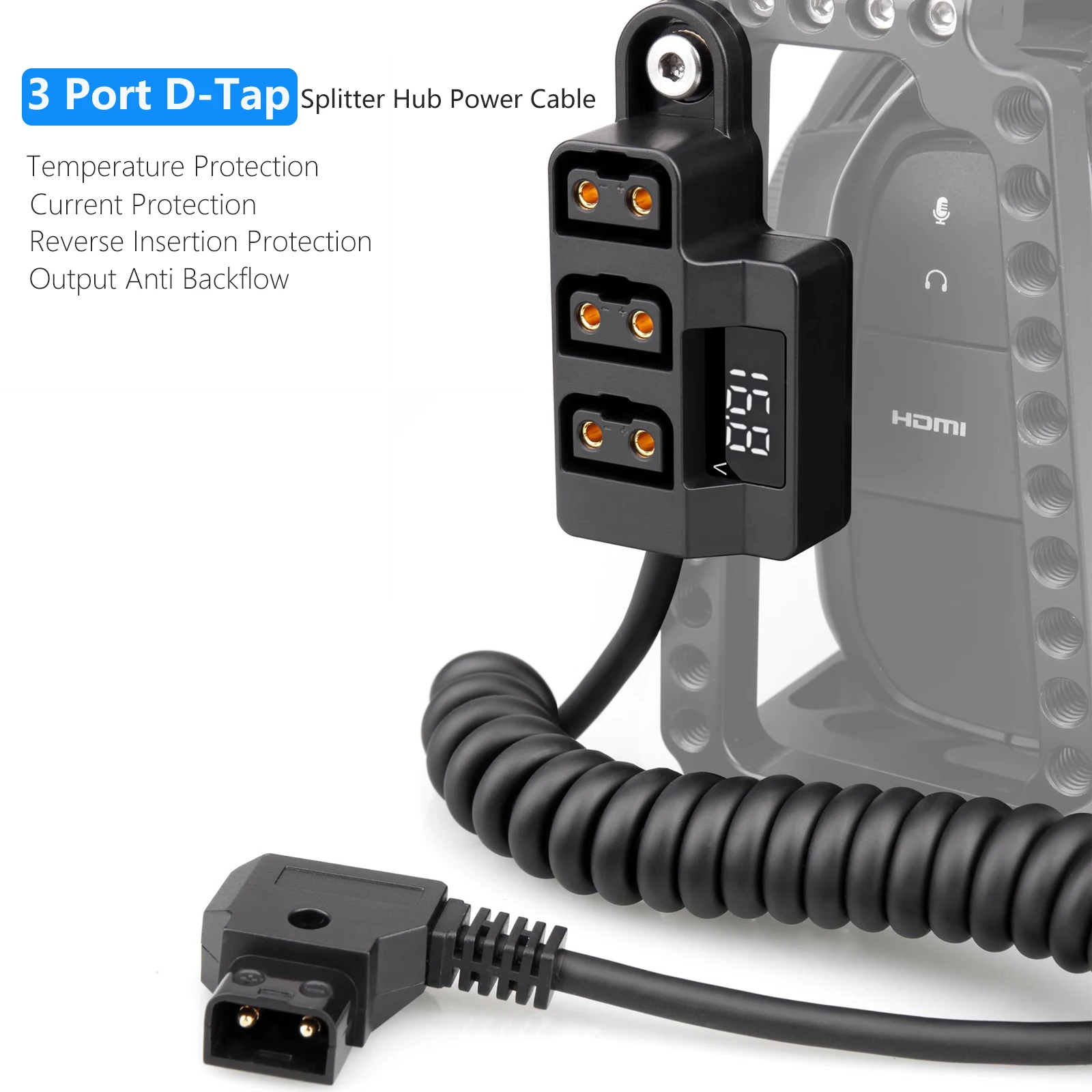 Probty 3-Port D-Tap Splitter Hub Stromkabel mit LED-Digitalanzeige für V-Mount Kamera-Akku Fotografie-Zubehör – Detail 3