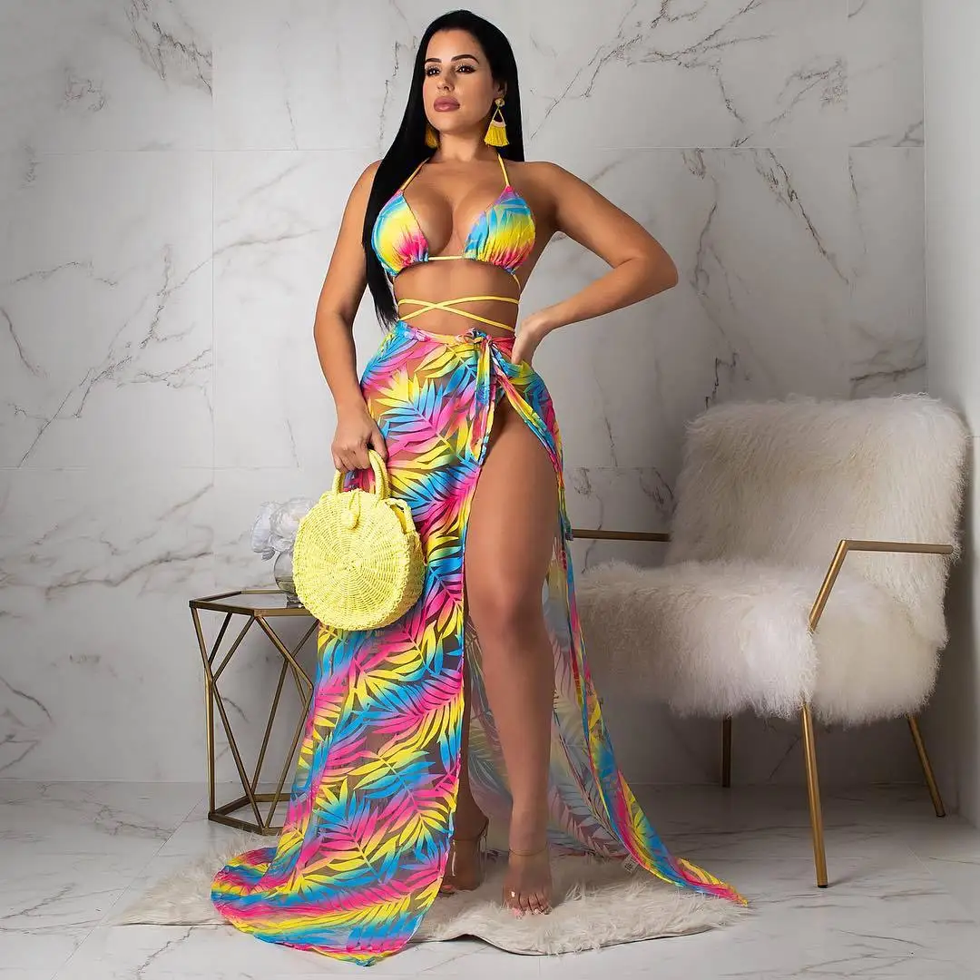 Y5097 European and American Women's Summer Sexy Bikini Swimwear Chiffon Coat Cloak Fashion Three Piece Set