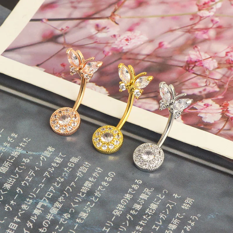 wholesales body piercing belly rings 3 colors butterfly dangle navel bar 14g belly button barbell set women fashion belly jewelr