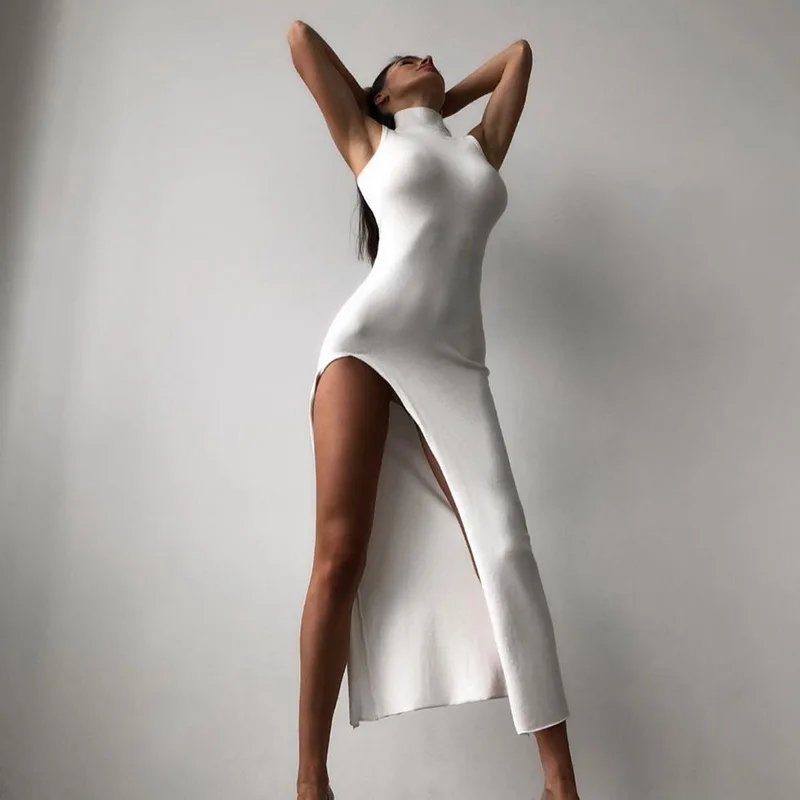 

Женское длинное платье макси 2024, летнее сексуальное элегантное однотонное облегающее вечернее платье без рукавов, платье с воротником-хомутом и разрезом на боку, платья