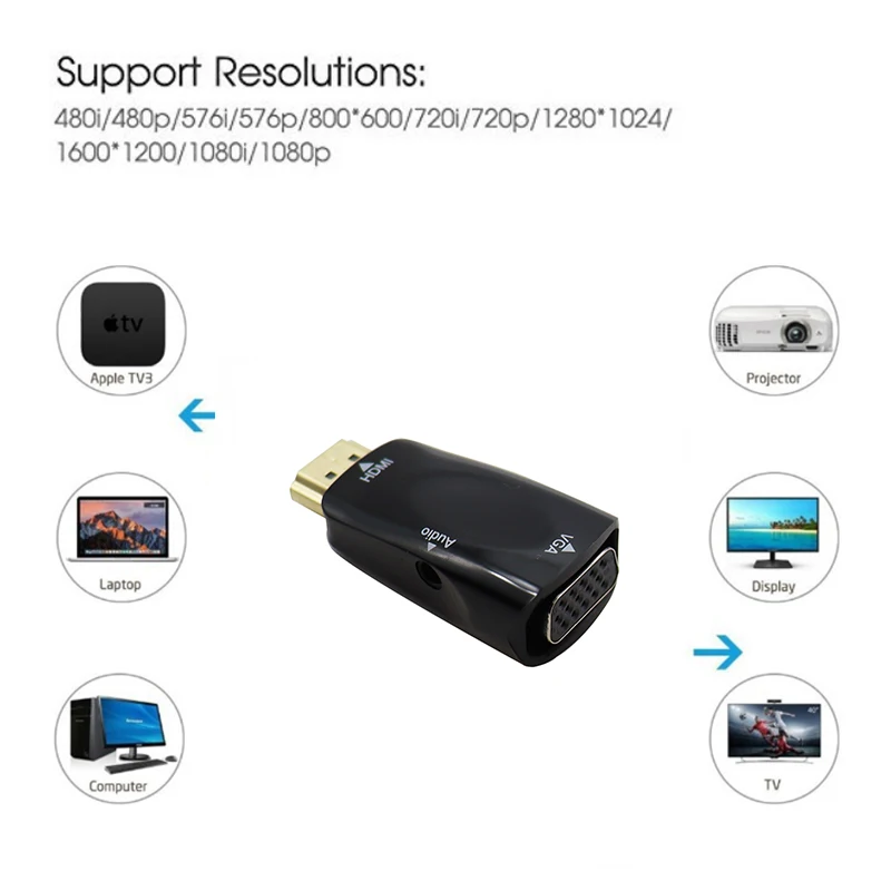 Convertidor de adaptador de cable HDMI a VGA de 15 pines d Sub, HDMI dorado  macho a VGA hembra Cable conector para computadora portátil Conectar al