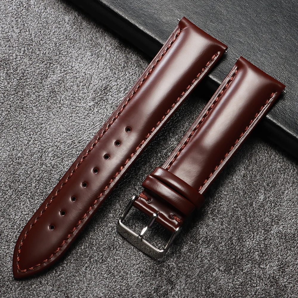 Vintage Polished Cowhide Quick Release Stitching Watch Strap, 20-22mm Universal Wristband