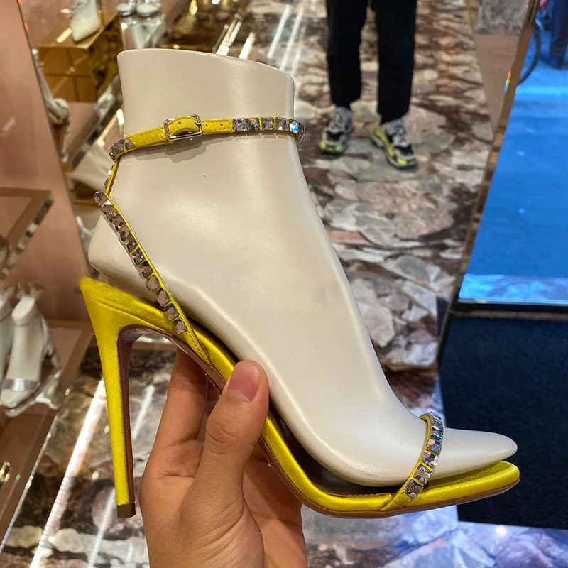 

Women's rhinestone bling high heels open toe pumps yellow apricot black sandals sexy 10cm stiletto high size 34-40 footwear