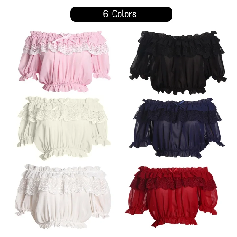 Women Sheer Mesh Puff Sleeve Tops lolita blouses Sweet Princess Lolita Tops Kawaii Lace Ruffled Bottoming Tube Mori Girl Bottom Blouses