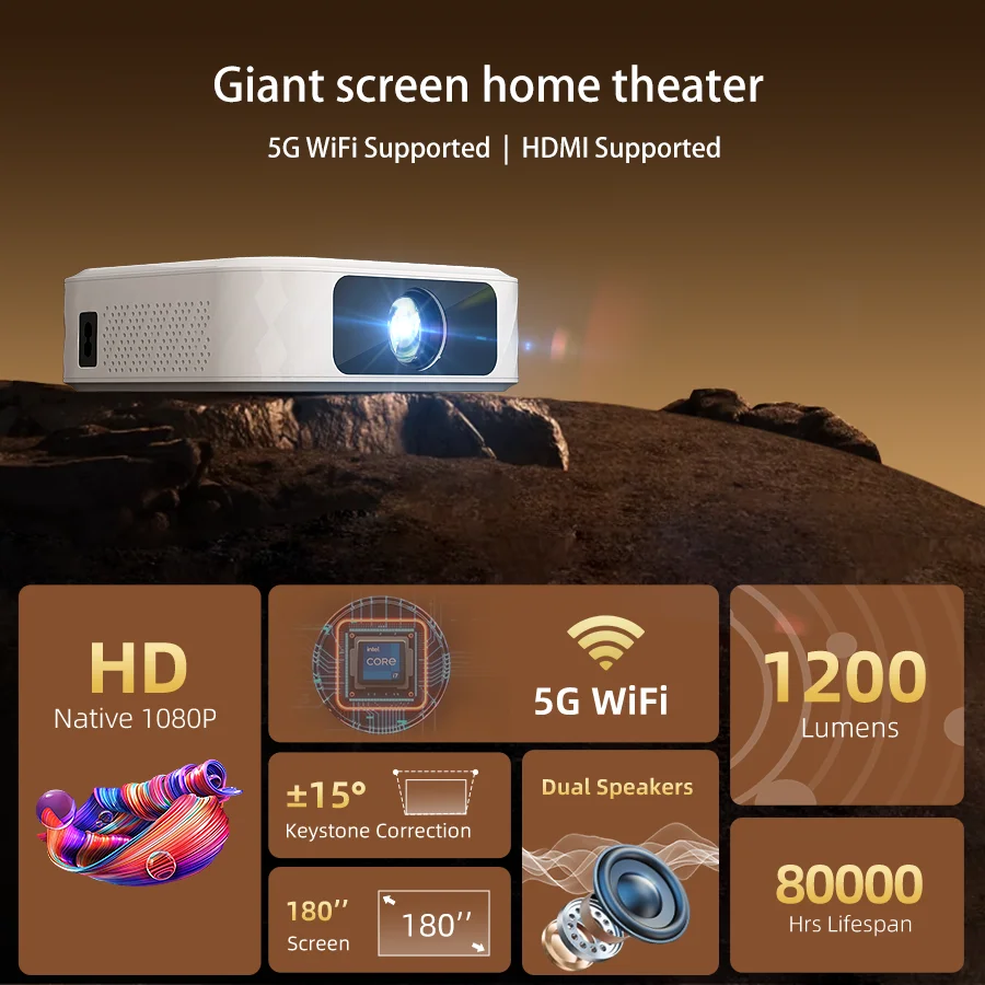 4K Smart Projector Full HD 1920*1080P 5G Wifi Control Home Cinema Theater Supports HDMI And Wifi Connection Built in Android Sys