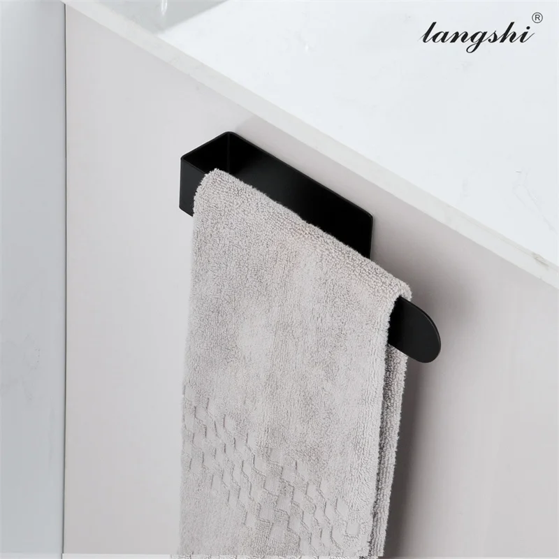 Stainless Steel Punch Free Towel Storage Holder Self-adhesive Wall Hanging Brushed Black Towel Rack Hanger Shelf Bath Hardware