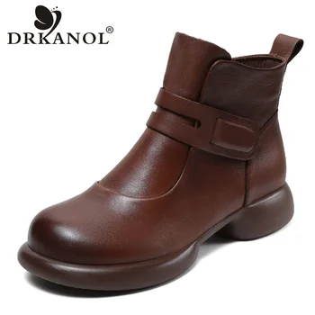 DRKANOL 여성용 2023 정품 가죽 앵클 부츠, 라운드 토 지퍼, 따뜻한 짧은 부츠, 수제 레트로 스타일, 가을 겨울