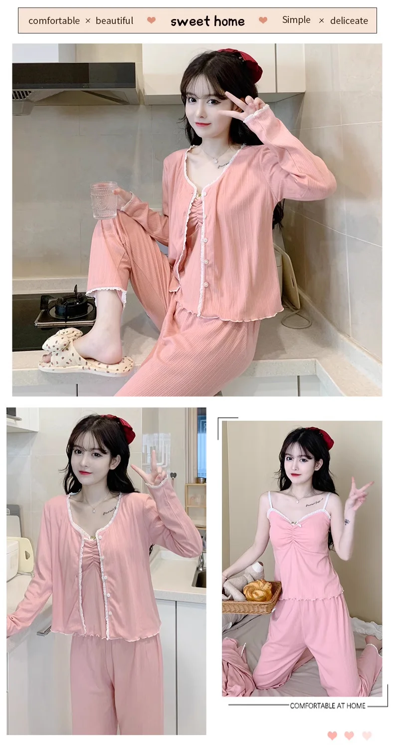 Neue dreiteilige Pyjamas weibliche Langarm schlinge Damen Homewear koreanische Version der süßen Homewear Frühlings-und Herbst modelle – Detail 13
