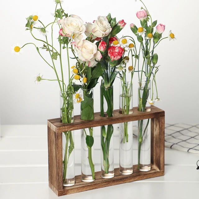 1 Set Creative Hydroponic Plants Container with Wood Frame Transparent Test Tube Vase Bonsai Home Desktop Decor Crafts