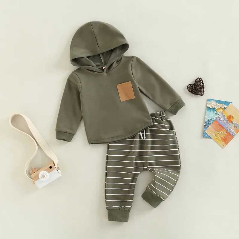 

Newborn Baby Boy Pant Sets Autumn Clothes Long Sleeve Hooded Patchwork Hoodie and Striped Sweatpants Outfit Baby Items Clothing