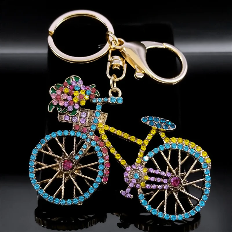Bunte Kristall Fahrrad Blume Fahrrad Schlüsselanhänger Frauen Legierung Strass Gold Farbe Sport Schlüsselanhänger Zubehör Schmuck Geschenk K9439S04 – Detail 4