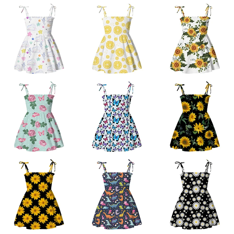 

Summer Toddler Girl Sling Dresses Fruit Flower Animal Print Baby Children Cotton Infant Clothes Fashion 1-7Y Kids Party Vestidos