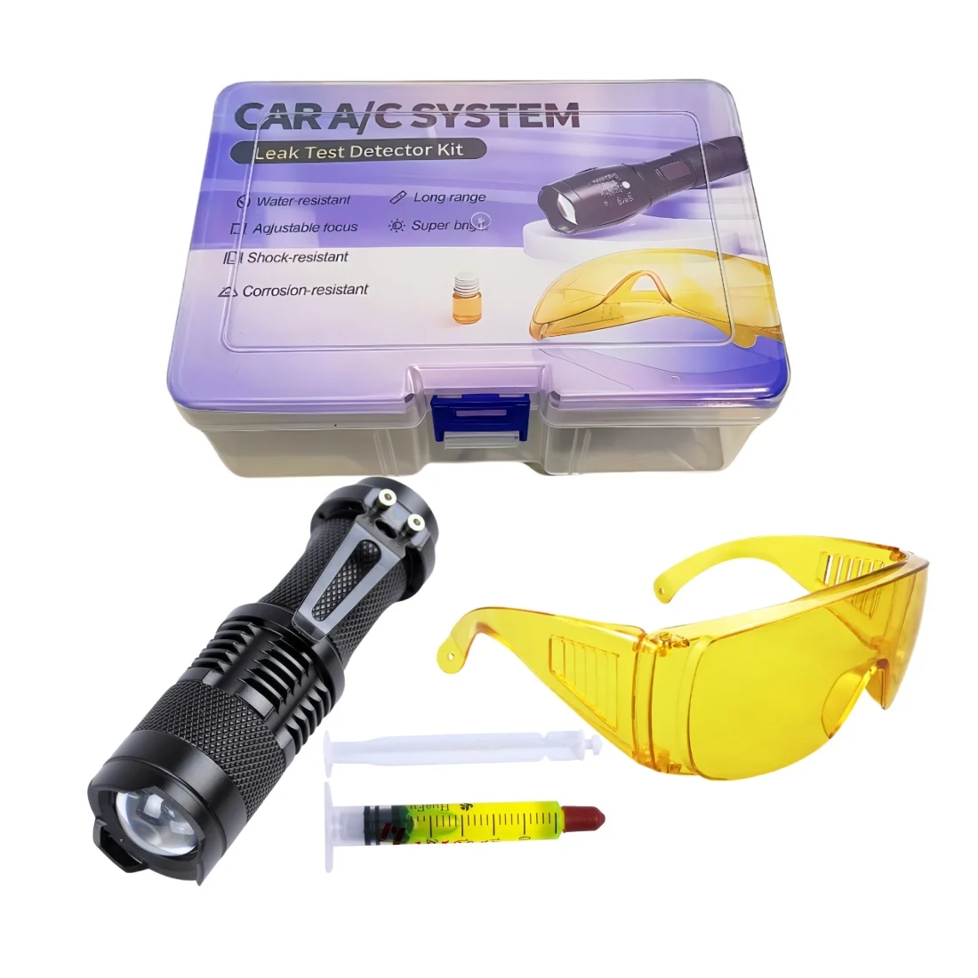 365 nm zoombare LED-UV-Taschenlampe, tragbare Schutzbrille, UV-Farbstoff-Werkzeug-Set, Klimaanlage, A/C-System, Lecktest-Detektor-Set