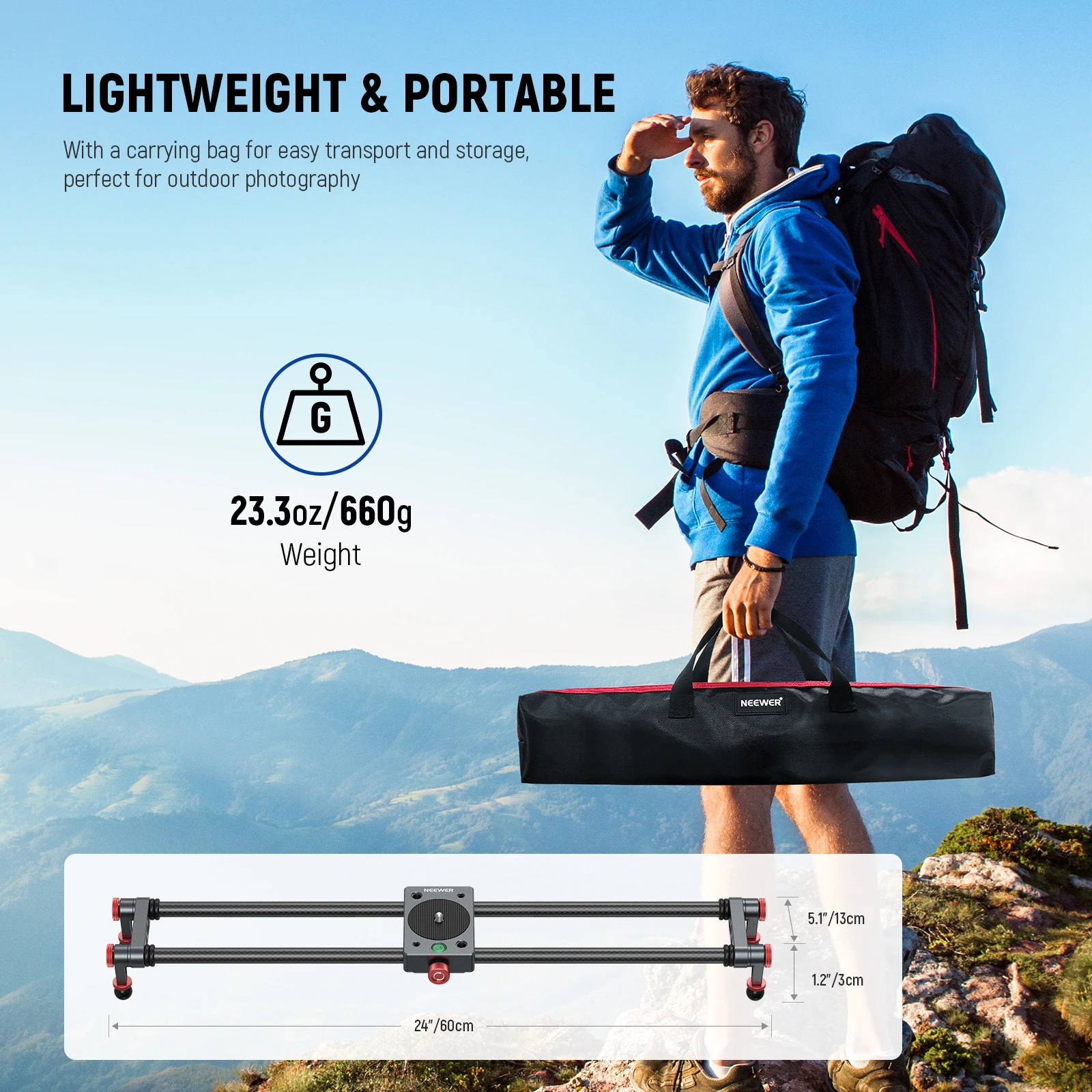 NEEWER 40cm/60cm Carbon Fiber Camera Slider with 360&deg; Ball Head/Phone Clamp/Camera Mount, Dolly Rail Track For GoPro Insta360 camera track slider